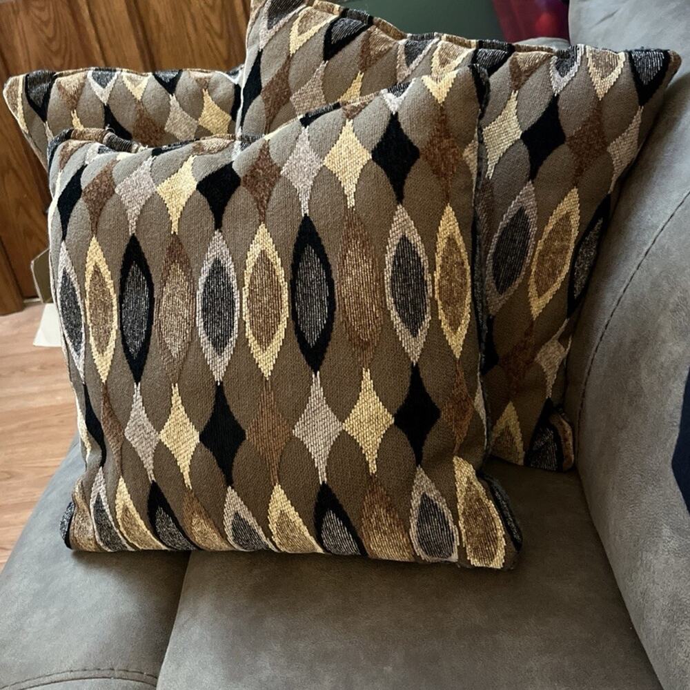 Sofa/Throw 3 Set Pillows-Geometric brown, cream, Black, Blue On Other Side
